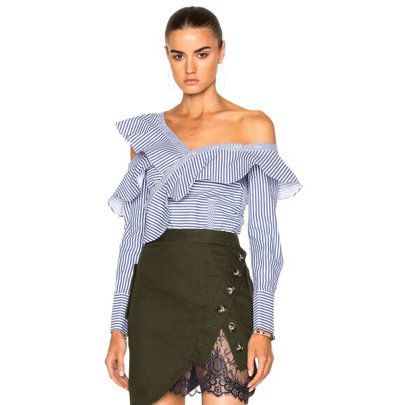 Self Portrait Asymmetrical Blue Striped Top Blouse Size 2 - Picture 10 of 13